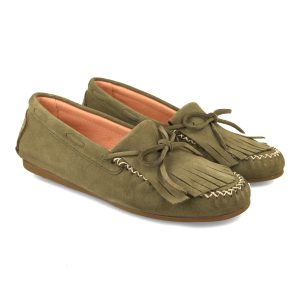 Mocasines mujer serraje verde con flecos y lazo