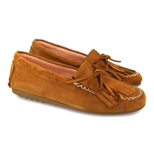 Mocasines mujer serraje cuero con flecos y lazo